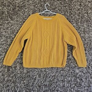 Vtg 90s Cable Knit Sweater Mens Sz L Yellow Pull Over Fisherman Chunky Ski Cozy